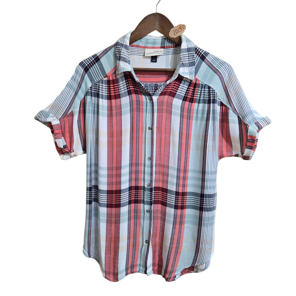 Universal Thread Women's Short Sleeve Plaid‎ Shirt Size SM Blue White Button Up